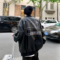 Autumn New loose leather jacket boys handsome Tide brand locomotive jacket Hong Kong style trend baseball jacket
