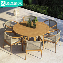 Anti-corrosive wood table and chairs Outdoor Leisure Courtyard Furniture Outdoor Terrace Rattan Bench High End Villa Solid Wood Round Table Combination