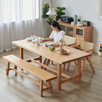 Nordic all solid wood dining table and chair combination cherry wood long bar table and stool Japanese large board table household log Workbench
