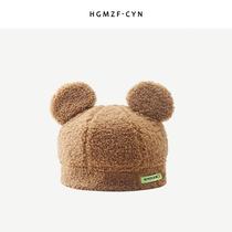 Cute sweet cool wind Korean patch letters bear ears lamb wool floor hat women winter warm Korean melon skin hat