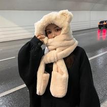 Bear hat scarf one female cute warm gloves hooded scarf ear protection cycling set of three Korean winter