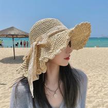 Hand-woven crochet straw hat children summer hollow Japanese bow strap foldable seaside sun shade sunscreen