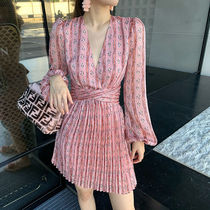 Long sleeve floral dress autumn new light luxury celebrity goddess Fan Bai pleated skirt waist thin temperament skirt