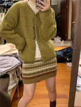 2022 spring homemade mustard Miscellaneous Green white handmade needlework access control wool sweater cardigan coat