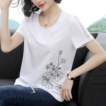  Pure cotton short-sleeved t-shirt womens literary embroidery new middle-aged mother summer top loose bottoming shirt large size t-shirt