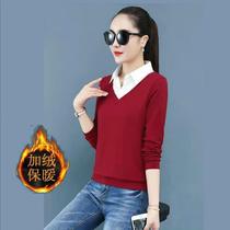 Autumn and winter shirt collar fake two-piece sweater women long sleeve plus velvet embroidered long sleeve shirt Korean version plus velvet lady top
