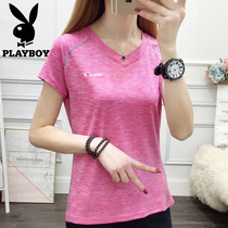 Playboy outdoor summer V-neck quick-drying T-shirt womens short-sleeved sweat-absorbing thin section sports running quick-drying top