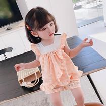 Girls foreign style Plaid lace set 2021 childrens summer new Korean version of female baby vest shorts two-piece set