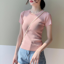 Ice silk knitted T-shirt womens summer thin short-sleeved solid color Korean version of the wild round neck base shirt Slim slim thin top