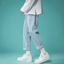 Nine-point jeans mens summer thin 2021 new light-colored loose straight casual pants youth pants