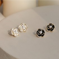 Fast luxury~recommended self-retention 2021 new~camellia face small earrings fashion black trend sense temperament earrings