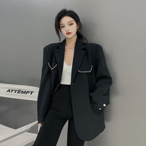 Black blazer womens spring and autumn design sense niche 2021 new net red fried street long suit top