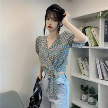 French niche floral long-sleeved chiffon shirt womens spring and summer new slim slim short V-neck bubble sleeve top