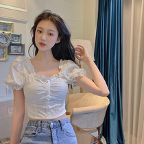 French wooden ear side collar white shirt women 2021 new short bubble sleeve shirt summer short sleeve shirt