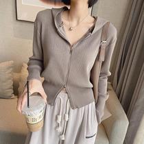 Short hooded double zipper knitted cardigan jacket autumn and winter 2021 new design sense Korean version of niche long sleeve top