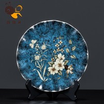 Decorative plate decoration Light luxury retro plate hanging plate Living room decoration wine cabinet entrance large ceramic plate wooden bracket