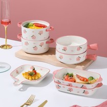 Cute peach ins hand-painted handle bowl creative net red baked rice bowl baking pan instant noodle bowl ceramic tableware set