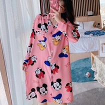Pajamas women autumn spring loose thin ladies nightgown long sleeve cardigan long home clothing nightgown ice silk summer short sleeve
