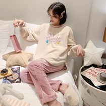 Coral fleece pajamas women's autumn and winter padded warm plus velvet flannel cute student home clothing suit can be worn outside