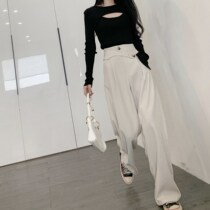 Early spring 2021 new women's hanging feeling Joker suit casual pants straight tube loose waist mop wide leg pants women