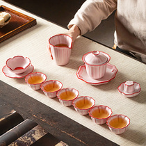 Pink ru kiln opened lard frozen teapot three to cover the bowl petal cup household kung fu tea set pink candy