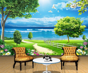 3d大型风景画花草树木大海远景现代简约电视沙发背景墙壁纸壁画