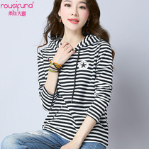Soft Silk Wna Sweatshirt Woman Spring Autumn Thin with cap 2022 New loose blouses Long sleeves striped T-shirt jacket