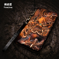 Tune Pitcher Wallet Man Genuine Leather Tide Cards Long Zipper Personality Hand Bag Youth Bull Leather Bag Casual Leather Sculpture Bag Handmade