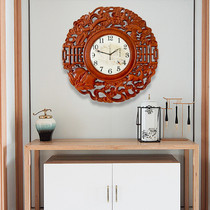 Ke Anna new Chinese solid wood carving Chinese style silent clock living room decoration bedroom round quartz hanging clock