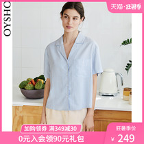 Oyso light blue striped shirt casual loose short sleeve pajamas top home wear women 31084198380