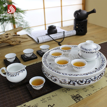Chaoshan kung fu tea set ceramic blue and white porcelain double-layer household set with round tea tray for water storage high-grade bone china