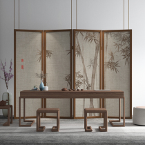 New Chinese bamboo solid wood folding screen partition hotel office study decoration mobile shade cotton and linen folding screen