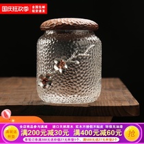 Tin plum blossom glass jar tea jar sealed jar frosted sugar jar household solid wood lid storage tea jar storage tank
