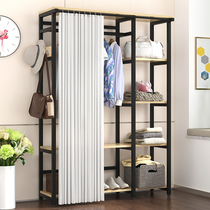 Minimalist bedroom floor type hanging clothes hanger iron art wardrobe simple home dust-proof containing clothing cap shelf Sub-set with curtain