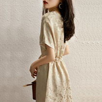  Heavy 31 mmis hemp satin  jacquard”elegant loose thin mulberry silk short-sleeved dress female summer