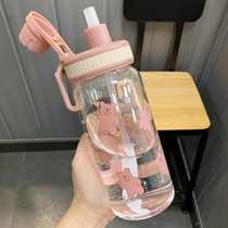 Cute ins style glass female with straw water cup Simple and fresh forest portable cup Large capacity scale cup