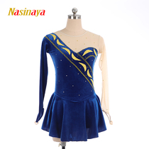 Funo custom children adult figure skating dress girls performance competition examination skirt sapphire blue velvet drill flash 23