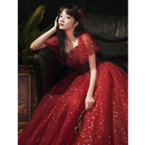One-shoulder toast dress bride wedding evening dress skirt women can usually wear long temperament atmospheric wine red is thin