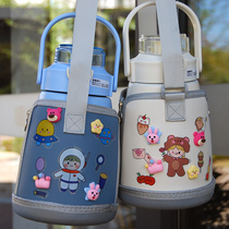 Straw thermos cup large capacity 1100ml portable children male and female student water Cup cartoon belly 880 cup set