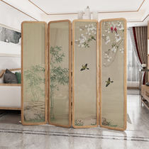 New Chinese screen partition living room office solid wood folding mobile decoration porch flowers and birds block room folding screen