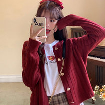 2021 New Korean loose Joker top slim red knitted sweater cardigan outer coat women autumn and winter