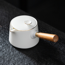 Sheep jade porcelain wood handle side pot home handmade white porcelain teapot simple kung fu tea set handle bubble teapot