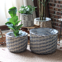 Hand-woven flower basket straw woven rattan flower weaving machine green plant pot pot living room model room decorative art Nordic