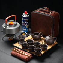 Purple sand outdoor travel Kung Fu tea set portable tea making stove Six cups outdoor with boiling water teapot to drink tea and make tea