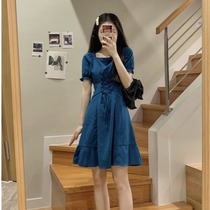 Blue Bubble Cuff Short Skirts Fa Style Vintage Design Sense Strap Salt Tie to collect waist Princess Andromeda dress