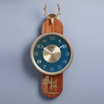 New Chinese style solid wood clock wall clock living room decoration fashion creative personality mute quartz clock wall light luxury clock