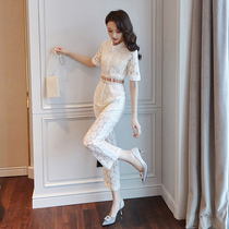 Lace one-piece pants women's summer 2020 new Korean version panties 9-point pants suit pants straight tube wide leg pants women's dress
