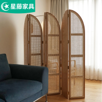 Screen partition living room rattan folding screen solid wood simple bedroom shelter Japanese style entrance screen folding mobile