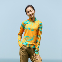 Sports outdoor womens new graffiti stand collar long sleeve quick-drying T-shirt breathable sweat-absorbing elastic quick-drying base shirt casual