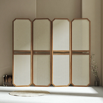 New Chinese log walnut folding mobile folding screen simple modern rattan screen partition living room entrance office